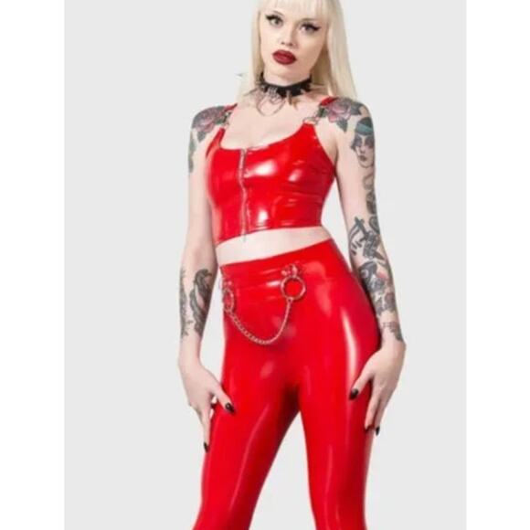 New KILLSTAR Bat B*tch Faux Patent Leather Leggings XS Shiny Red Goth Punk Rock - Picture 3 of 8